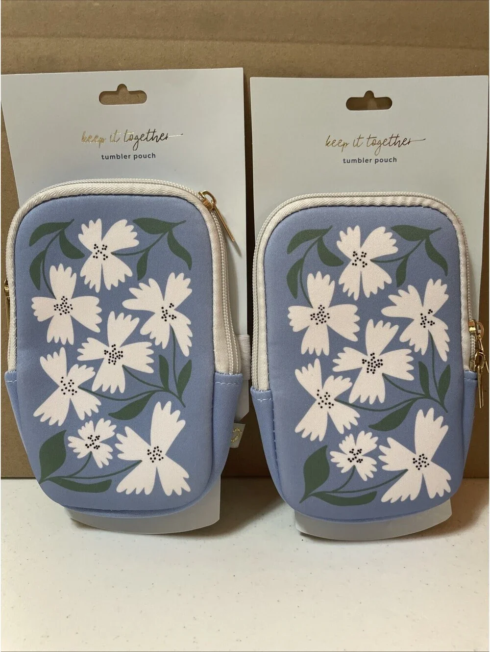 Floral Tumbler Pouch Light Blue White Flowers Hydration Pouch - 2 Pack